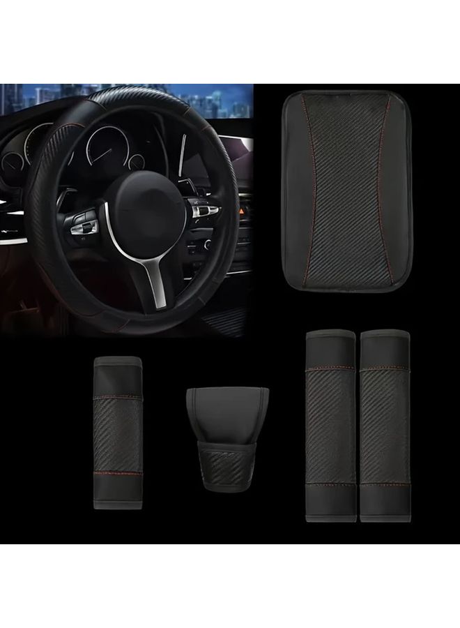 Purple 6Pcs Car Interior Set Microfiber Leather Steering Wheel Cover Armrest Pad - Image 5