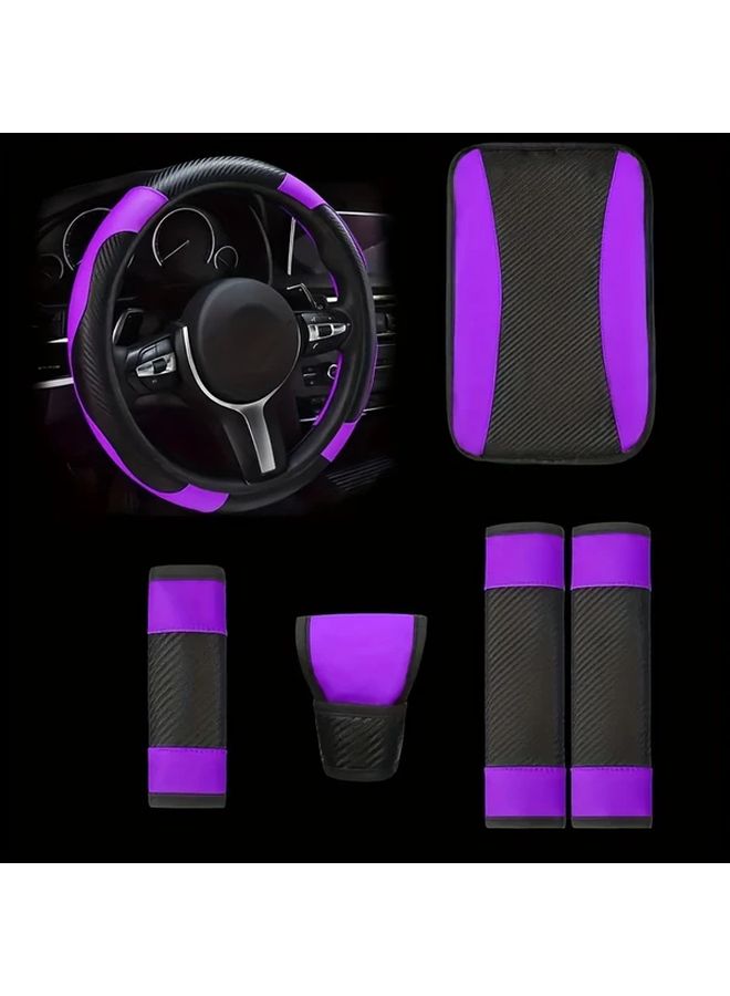Purple 6Pcs Car Interior Set Microfiber Leather Steering Wheel Cover Armrest Pad - Image 4
