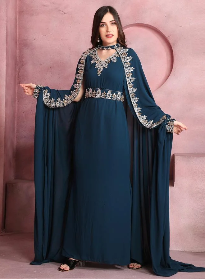 Maxim Creation Navy Blue Embroidered Jalabiya with Cape