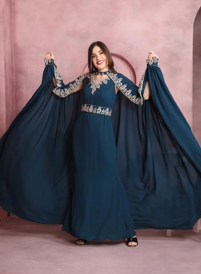 Maxim Creation Navy Blue Embroidered Jalabiya with Cape
