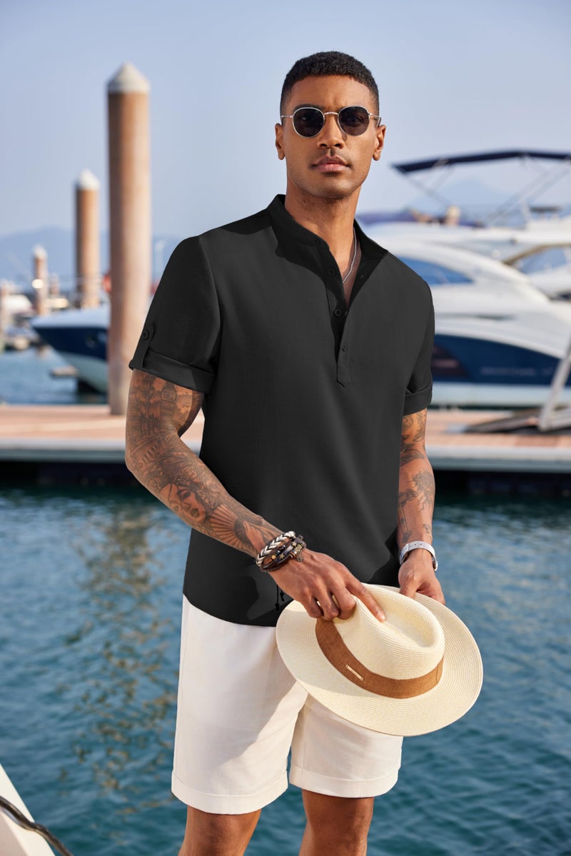 COOFANDY Men's Casual Henley Shirt Short Sleeve Band Collar Linen Shirt Summer Beach Hippie T-Shirts Black - Image 4
