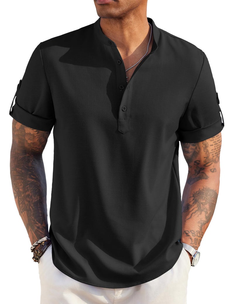 COOFANDY Men's Casual Henley Shirt Short Sleeve Band Collar Linen Shirt Summer Beach Hippie T-Shirts Black - Image 1
