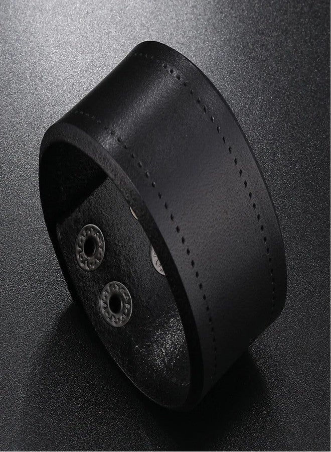 CALFOVERA Retro Black Genuine Leather Blank Cuff Bangle for Men Women Adjustable Wide Cowhide Cuff Bracelet Leather Handmade Wrap Wristband Arm Armor with Snap for Halloween Costume Party - Image 3