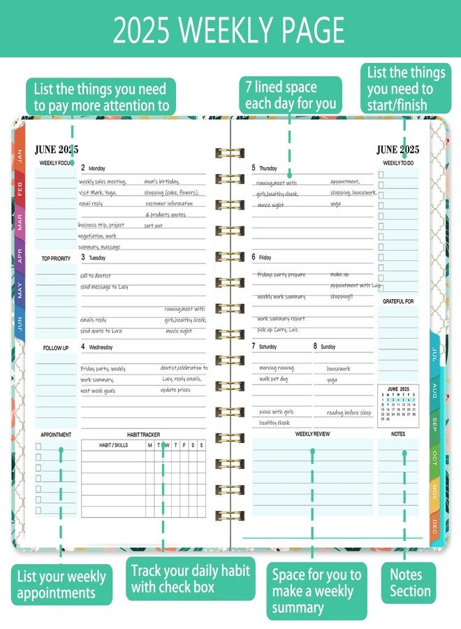 Feteulo 2025 Planner - 2025 Calendar/Planner Weekly and Monthly, JAN 2025 - DEC 2025, 6.3'' x 8.4'', Calendar 2025 Planner with Special Weekly Page, Green Ink Pages, Colorful Monthly Tabs, Back Pocket - Image 3