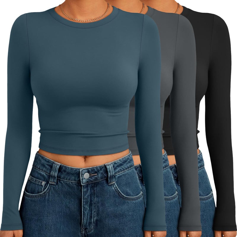 AUTOMET 3 Pack Womens Long Sleeve Shirts Y2K Going Out Crop Tops Cute Basic Slim Fitted Fall Fashion Outfits 2025 Clothes BlueGreyBalck M