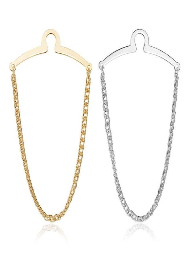 JOVIVI 2pcs Set Men's Silver Golden Necktie Tie Clips Link Chain Cravat Collar Pins Brooch w/Box - Image 1