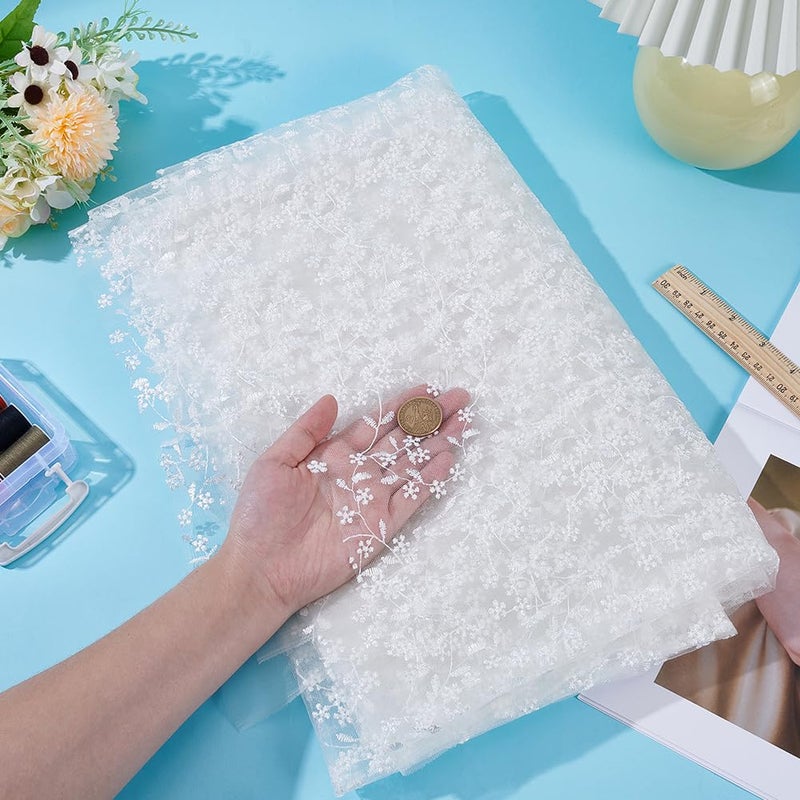 MAYJOYDIY 2 Yards White Flower Branch Embroidered Lace Fabric 59inch Floral Leaf Mesh Lace Trim Wedding Accessories Tulle for DIY Wedding Dresses Half Skirt Dress Curtains Background - Image 3