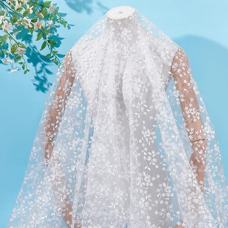 MAYJOYDIY 2 Yards White Flower Branch Embroidered Lace Fabric 59inch Floral Leaf Mesh Lace Trim Wedding Accessories Tulle for DIY Wedding Dresses Half Skirt Dress Curtains Background - Image 4