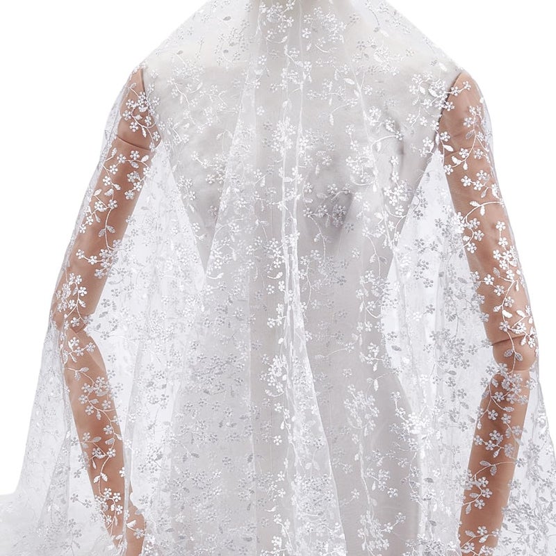 MAYJOYDIY 2 Yards White Flower Branch Embroidered Lace Fabric 59inch Floral Leaf Mesh Lace Trim Wedding Accessories Tulle for DIY Wedding Dresses Half Skirt Dress Curtains Background - Image 1