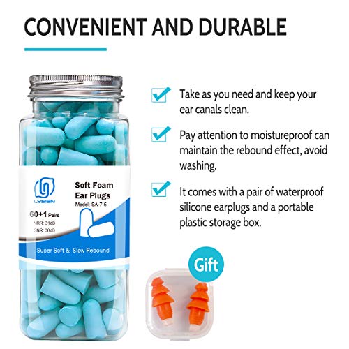 LYSIAN Ultra Soft Foam Earplugs for Sleep, 38dB SNR Noise Cancellation Ear Plugs Hearing Protection for Sleeping, Work, Travel & Loud Events - 60 pairs - Lake Blue - Image 4