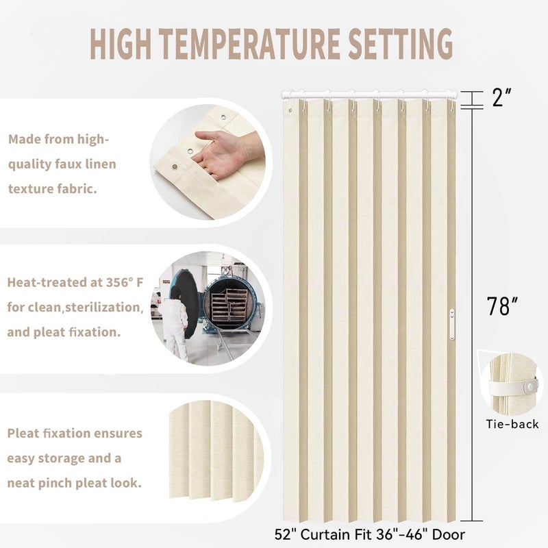 Vatge - Curtains for Bedroom Closet, Sliding Door Curtains for Access Privacy, 1 Panel with Tape, 52" x 78", Butter Cream - Image 2