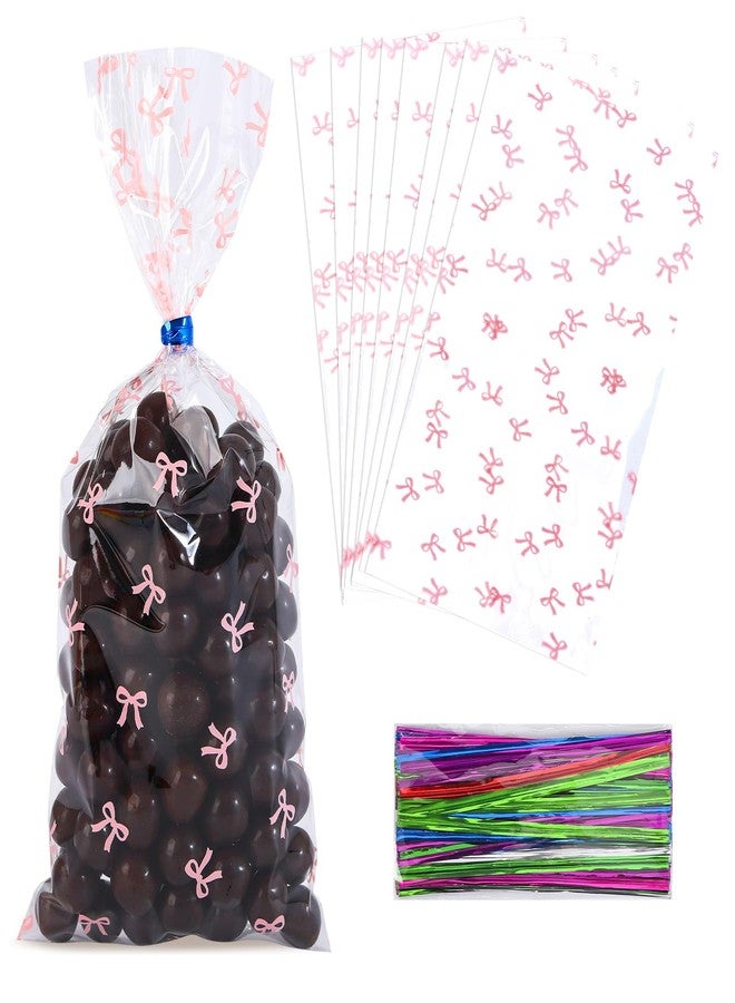 SOMIOCO Clear Cello Cellophane Treat Party Favor Bags Pink Candy Cookie Plastic gift Goodie Bags with Twist Tie for Birthday,Baby shower,Wedding,Party(Bow Pattern) 100 PCS 4X9 In - Image 1