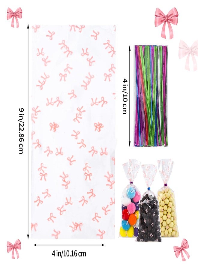 SOMIOCO Clear Cello Cellophane Treat Party Favor Bags Pink Candy Cookie Plastic gift Goodie Bags with Twist Tie for Birthday,Baby shower,Wedding,Party(Bow Pattern) 100 PCS 4X9 In - Image 2