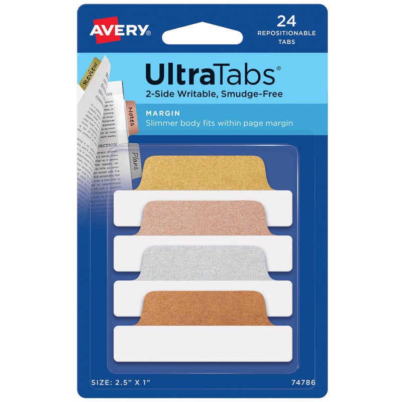 Avery Margin Ultra Tabs, 2.5" x 1", 2-Side Writable, Assorted Metallic, 24 Repositionable Page Tabs (74786) - Image 1