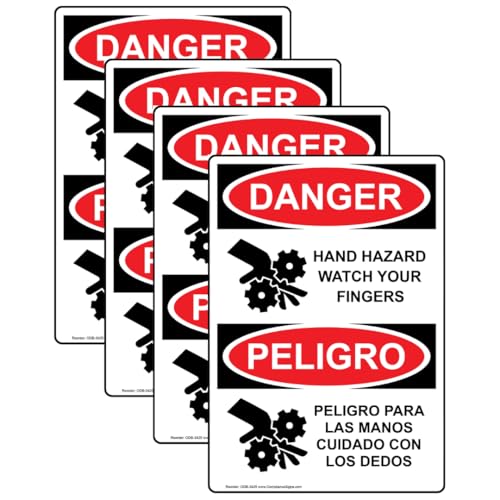 ComplianceSigns.com Danger Hand Hazard Watch Your Fingers English + Spanish OSHA Safety Label Decal, 5x3.5 in. Vinyl 4-Pack - Image 1