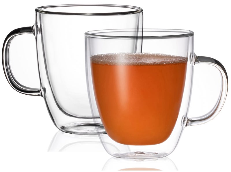 BothEarn Glass Coffee Mug Set of 2  Double Wall Clear Espresso Cup with Large Handle Great for Latte Cappuccino and Juice 19 Ounce 560 ml BE026