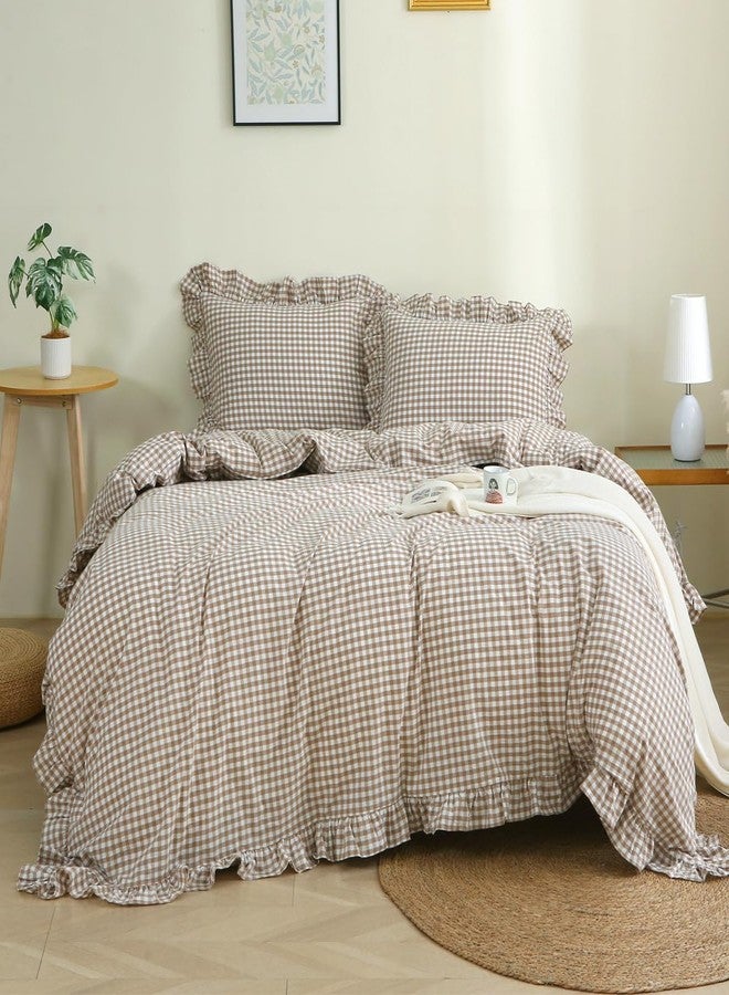 Silnuo Taupe/White Plaid Ruffle Duvet Cover King Size,100% Washed Cotton 3 Pcs Vintage Checkered Chic Gingham Bedding Set Comforter Cover Set - Image 1