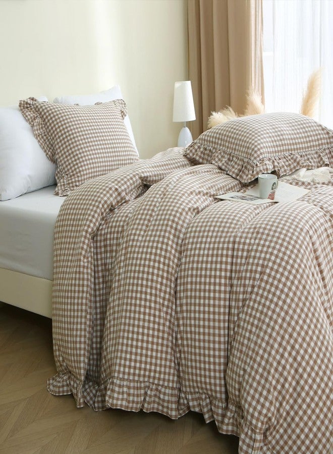 Silnuo Taupe/White Plaid Ruffle Duvet Cover King Size,100% Washed Cotton 3 Pcs Vintage Checkered Chic Gingham Bedding Set Comforter Cover Set - Image 2
