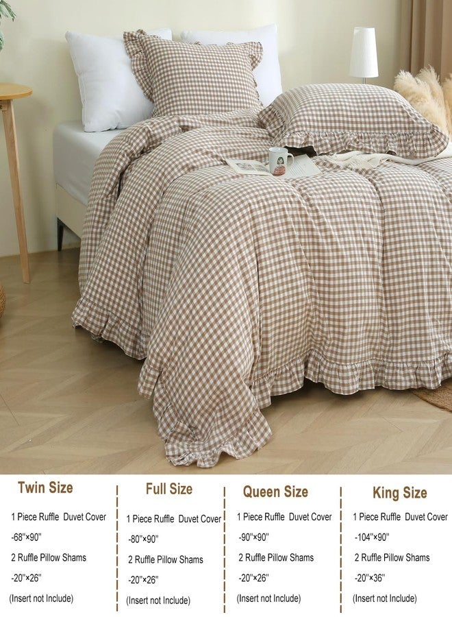 Silnuo Taupe/White Plaid Ruffle Duvet Cover King Size,100% Washed Cotton 3 Pcs Vintage Checkered Chic Gingham Bedding Set Comforter Cover Set - Image 4