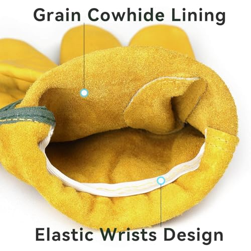 OZERO Leather Work Gloves Flex Grip Tough Cowhide Gardening Glove for Wood Cutting/Construction/Truck Driving/Garden/Yard Working for Men and Women 1 Pair (Gold,X-Large) - Image 2