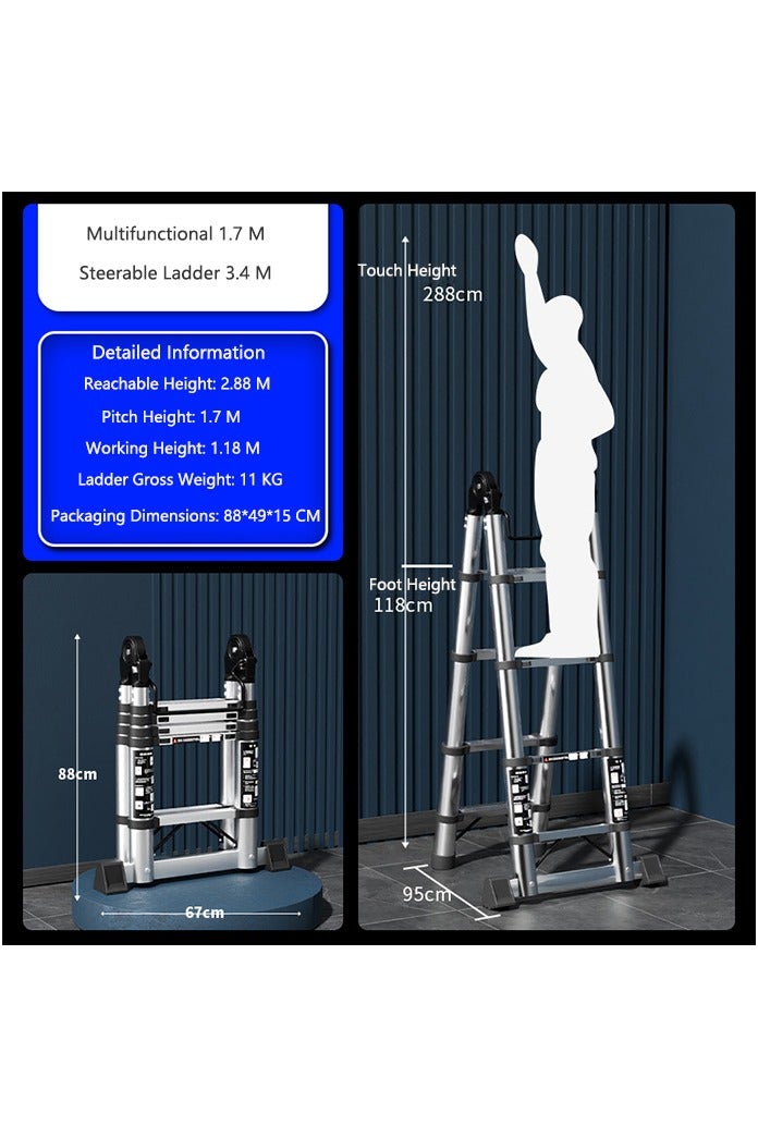 OASIS DESERT The Multi-Functional Stainless Steel Telescopic Ladder Is Foldable And Comes With A Portable And Compact Anti-Slip Device. It Is Suitable For Indoor Or Outdoor Use (1.7m + 1.7m = 3.4m) - Image 2