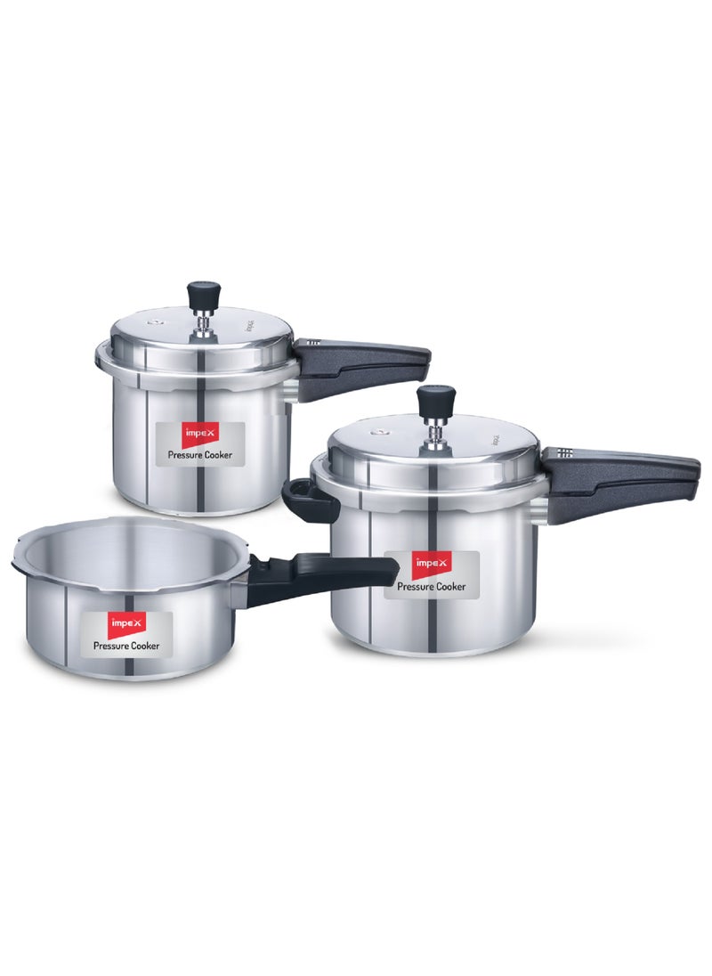 Impex Aluminium Pressure Cooker Combo With Outer Lid 2L,3L,5L Induction and Gas Stove Compatible, 2 Liter 3 Liter Common lid, Separate Lid for 5 Liter, Silver  - Image 1