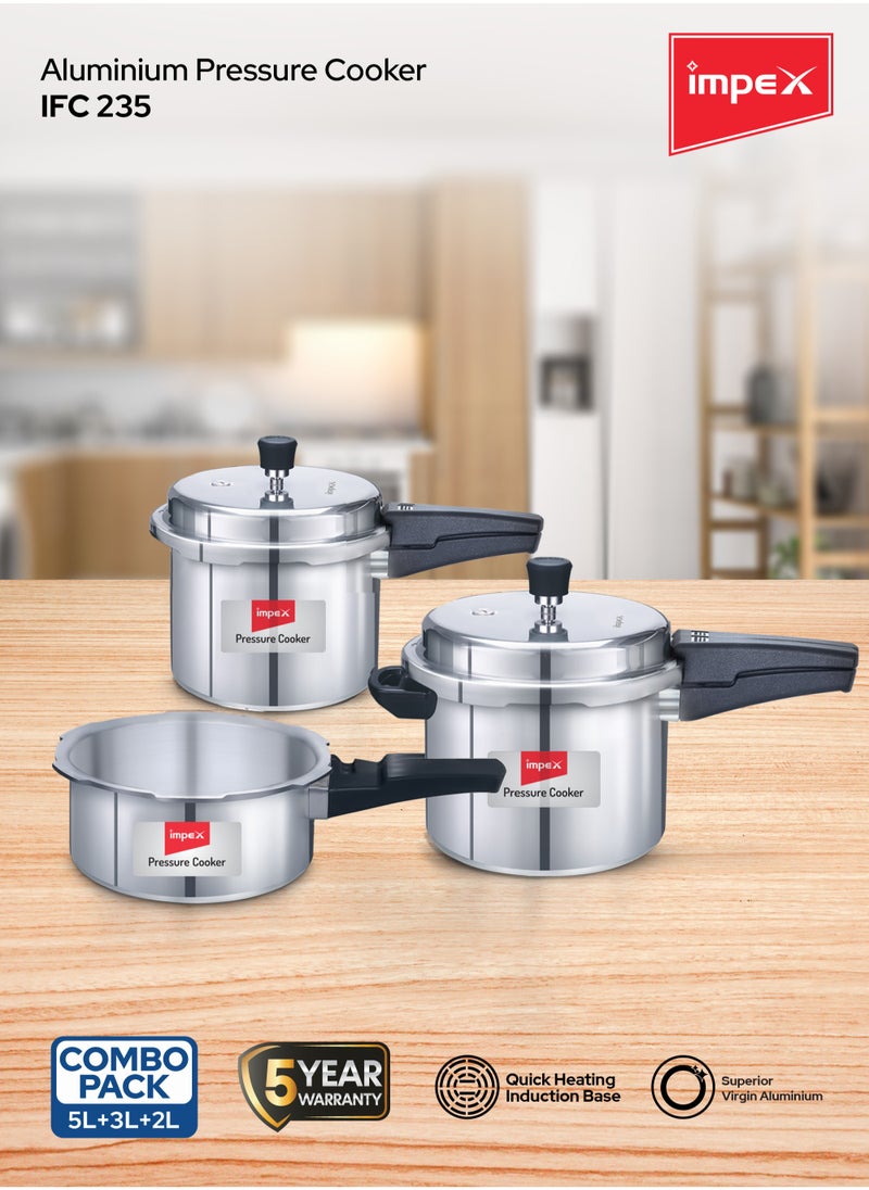 Impex Aluminium Pressure Cooker Combo With Outer Lid 2L,3L,5L Induction and Gas Stove Compatible, 2 Liter 3 Liter Common lid, Separate Lid for 5 Liter, Silver  - Image 2