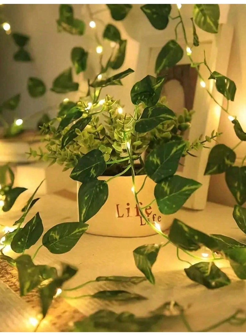 سلسلة أضواء على شكل أوراق عنب صناعية 2م/5م – أوراق خضراء واقعية بسلك نحاسي مرن وإضاءة دافئة، تعمل بالبطارية | زينة أنيقة للجدران، الغرف، الشرفات، حفلات الزفاف والربيع – تصميم قابل للتشكيل، أجواء رومانسية، بدون الحاجة إلى الكهرباء (البطاريات غير مشمولة) - Image 3