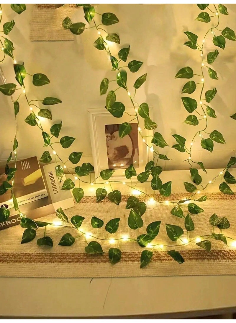 سلسلة أضواء على شكل أوراق عنب صناعية 2م/5م – أوراق خضراء واقعية بسلك نحاسي مرن وإضاءة دافئة، تعمل بالبطارية | زينة أنيقة للجدران، الغرف، الشرفات، حفلات الزفاف والربيع – تصميم قابل للتشكيل، أجواء رومانسية، بدون الحاجة إلى الكهرباء (البطاريات غير مشمولة) - Image 1