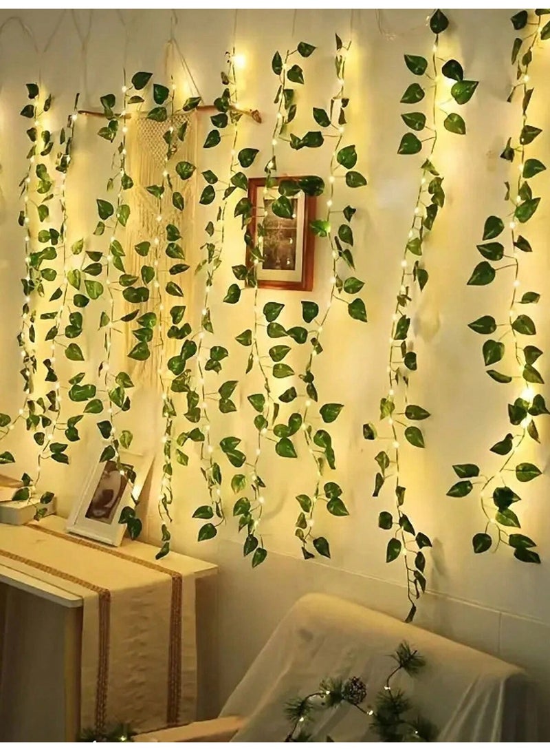 سلسلة أضواء على شكل أوراق عنب صناعية 2م/5م – أوراق خضراء واقعية بسلك نحاسي مرن وإضاءة دافئة، تعمل بالبطارية | زينة أنيقة للجدران، الغرف، الشرفات، حفلات الزفاف والربيع – تصميم قابل للتشكيل، أجواء رومانسية، بدون الحاجة إلى الكهرباء (البطاريات غير مشمولة) - Image 4