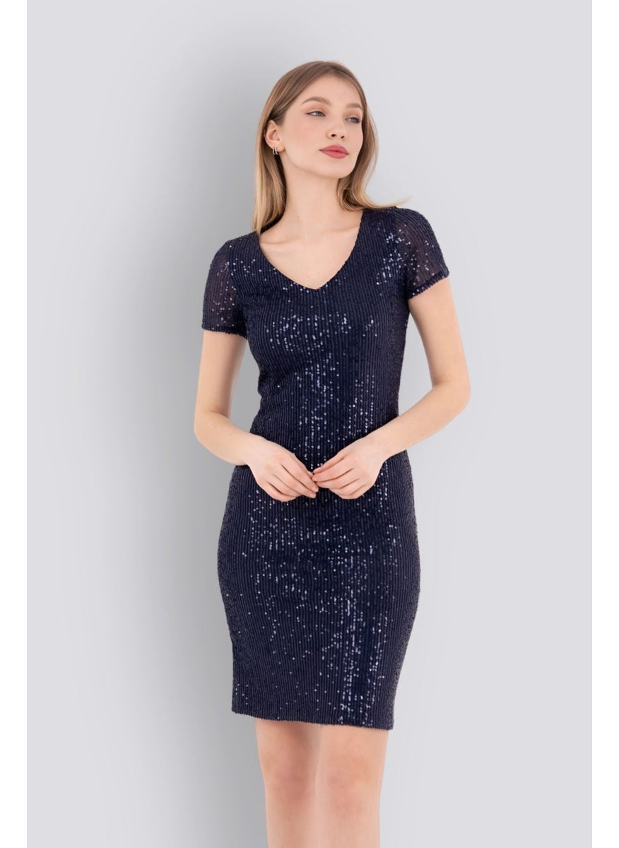 HOX'S Liana | Sequined Short Sleeve Knee Length Pencil Dress - Navy Blue  - Image 1