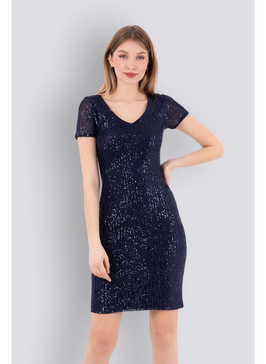 HOX'S Liana | Sequined Short Sleeve Knee Length Pencil Dress - Navy Blue  - Image 4