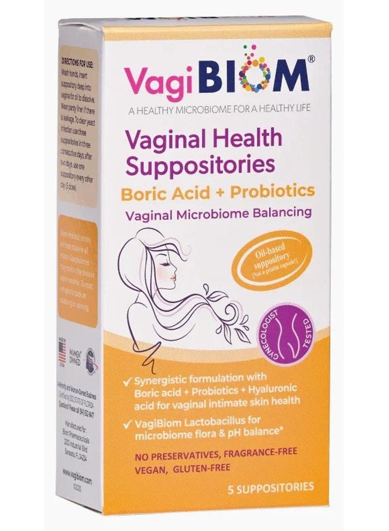 VagiBiom Vaginal Suppositories with Boric Acid + Probiotics (5‑count)