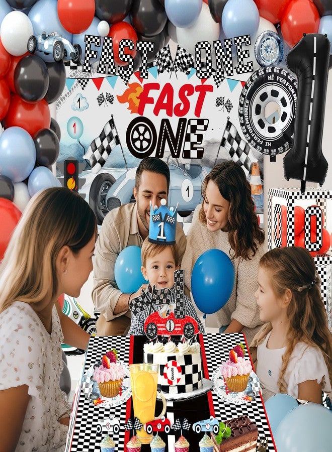BEOXAGAR Fast One Birthday Decorations For Boys 1st Race Car Theme Party Decor Supplies for Baby Party Supplies include Photo Banner Highchair Banner Crown Balloon Boxes Backdrop Tableware Set - Image 3
