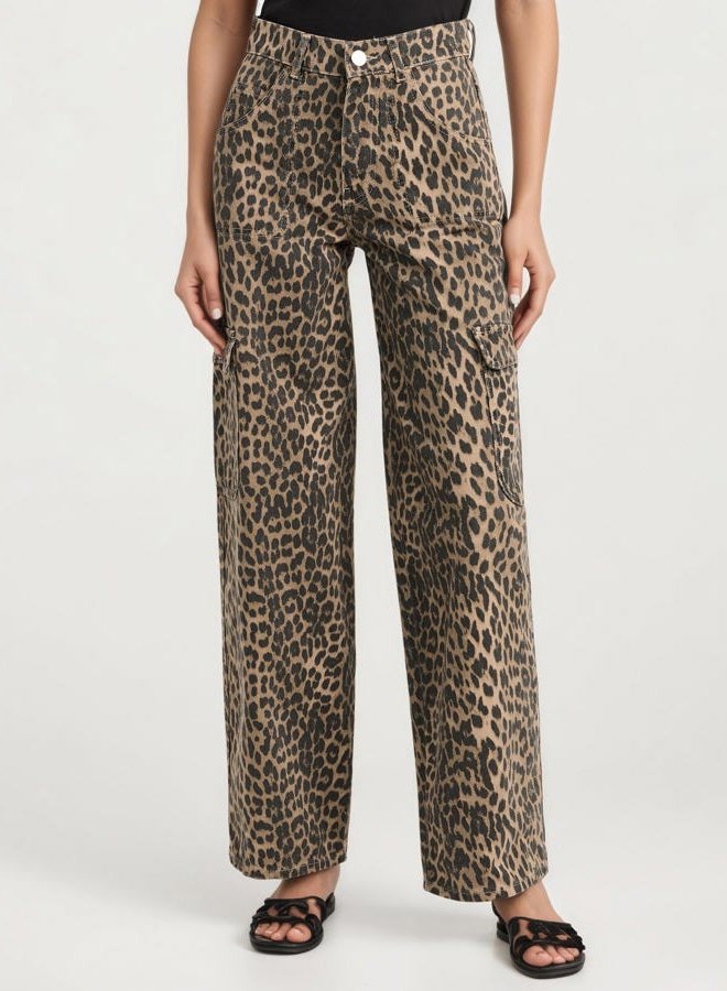 Kedera Womens Leopard Cargo Pants Straight Leg Cheetah Print Jeans Wide Leg Y2K Barrel Baggy Boyfriend Jeans with Pockets, A-brown, L - Image 2