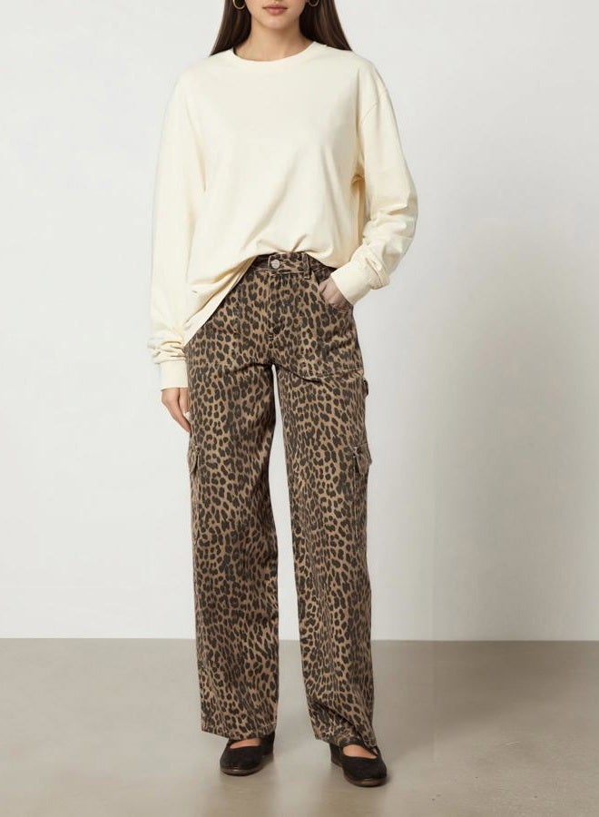 Kedera Womens Leopard Cargo Pants Straight Leg Cheetah Print Jeans Wide Leg Y2K Barrel Baggy Boyfriend Jeans with Pockets, A-brown, L - Image 5