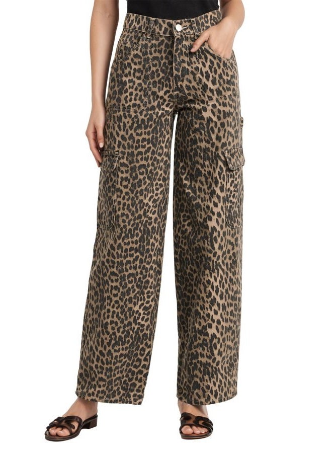 Kedera Womens Leopard Cargo Pants Straight Leg Cheetah Print Jeans Wide Leg Y2K Barrel Baggy Boyfriend Jeans with Pockets, A-brown, L - Image 1