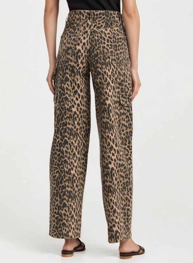 Kedera Womens Leopard Cargo Pants Straight Leg Cheetah Print Jeans Wide Leg Y2K Barrel Baggy Boyfriend Jeans with Pockets, A-brown, L - Image 4