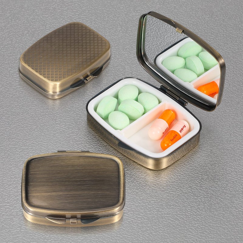 Dynippy Pill Case Pill Box with Mirror Retro Pocket 2 Compartment Medicine Case Vitamin Pill Organizer for Pocket Purse and Travel (A-Retro) - Image 3