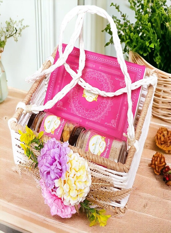 Jaiccha Ghasitaram Gifts Holi Sweets/ Holi Gift/ Holi Hampers/ Thandai Jute Square Flower Basket of Gujiyas, Bhakar Wadi and Thandai|Gift Hamper| Diwali Gift Hamper|Food Hampers|Gourmet Hampers| - Image 1