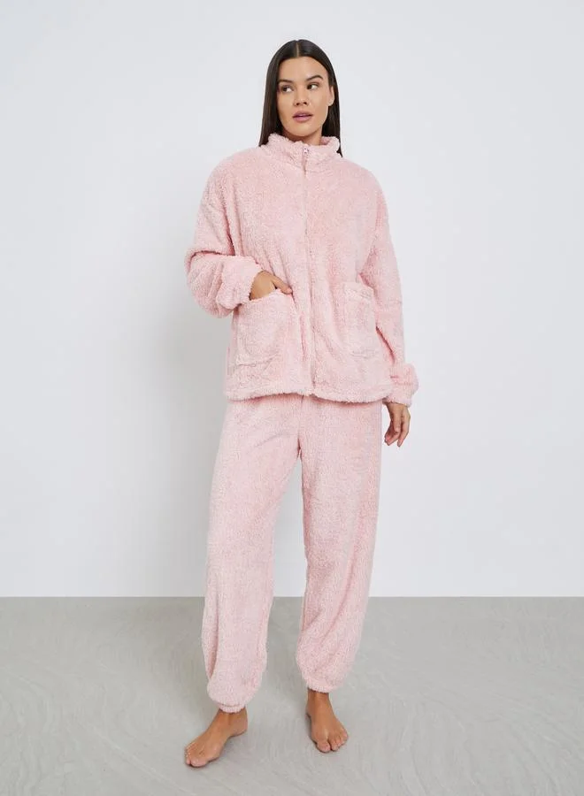 Styli Fleece Full Zip Up Pocket Top and Pyjama Set