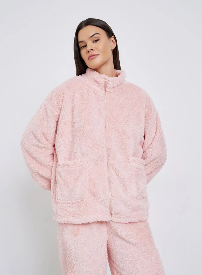 Styli Fleece Full Zip Up Pocket Top and Pyjama Set