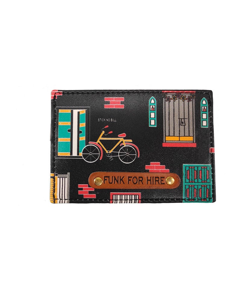 Funk For Hire Printed Vegan Leather ATM Card Holder Slim Minimalist Wallet Pocket Organiser with Key Ring for Men Women (Black) - Image 1