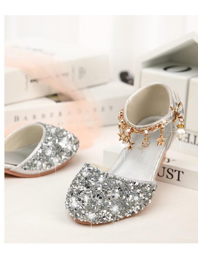 Best Gift Fashion Children High Heel Princess Kids Leather Shoes Summer New Girls Sandals Flower Casual Glitter Crystal Student Party Banquet Shoe - Image 4
