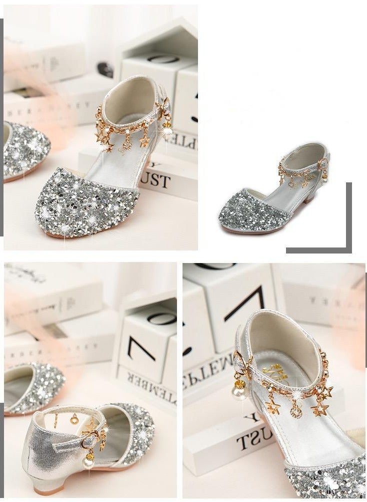Best Gift Fashion Children High Heel Princess Kids Leather Shoes Summer New Girls Sandals Flower Casual Glitter Crystal Student Party Banquet Shoe - Image 2