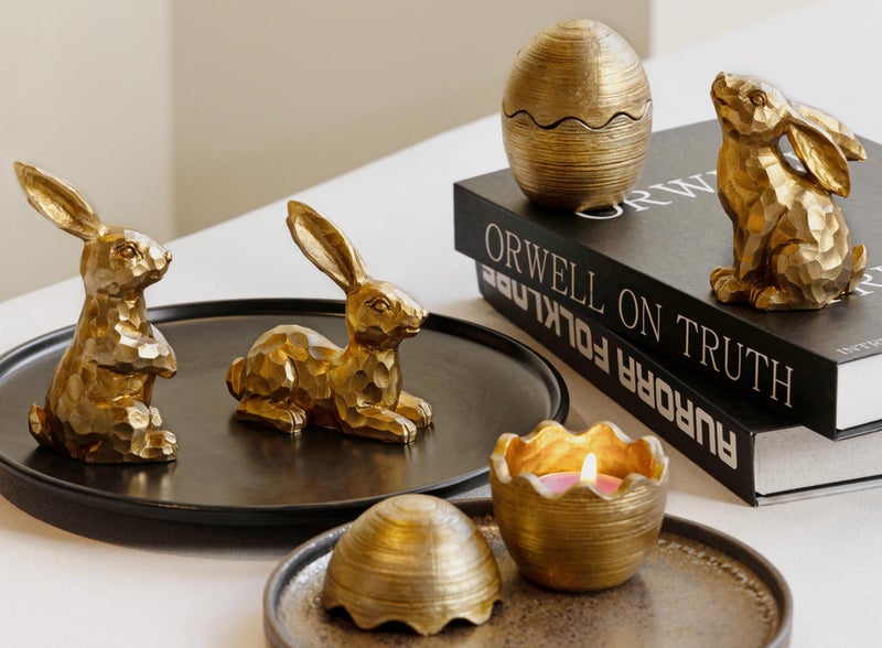 Gleemoria Easter Decorations for Home-3pcs Gold Bunny Figurines & 2pcs Easter Eggs & 2pcs Tealights, Brass Rabbit Decor for Spring Home Decor, Vintage Resin Bunnies for Table Centerpieces Mantel Decorations - Image 1