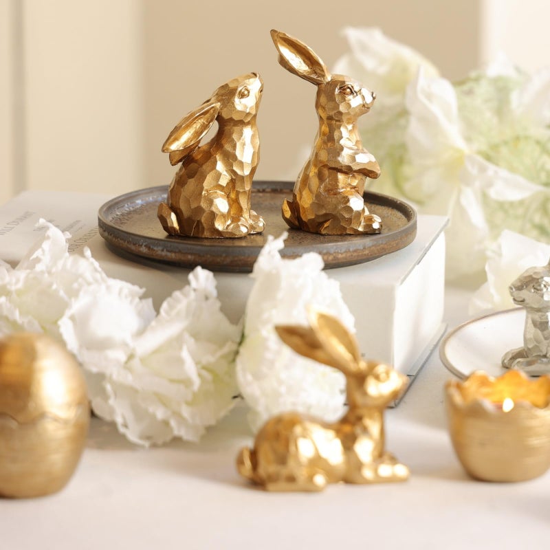 Gleemoria Easter Decorations for Home-3pcs Gold Bunny Figurines & 2pcs Easter Eggs & 2pcs Tealights, Brass Rabbit Decor for Spring Home Decor, Vintage Resin Bunnies for Table Centerpieces Mantel Decorations - Image 4