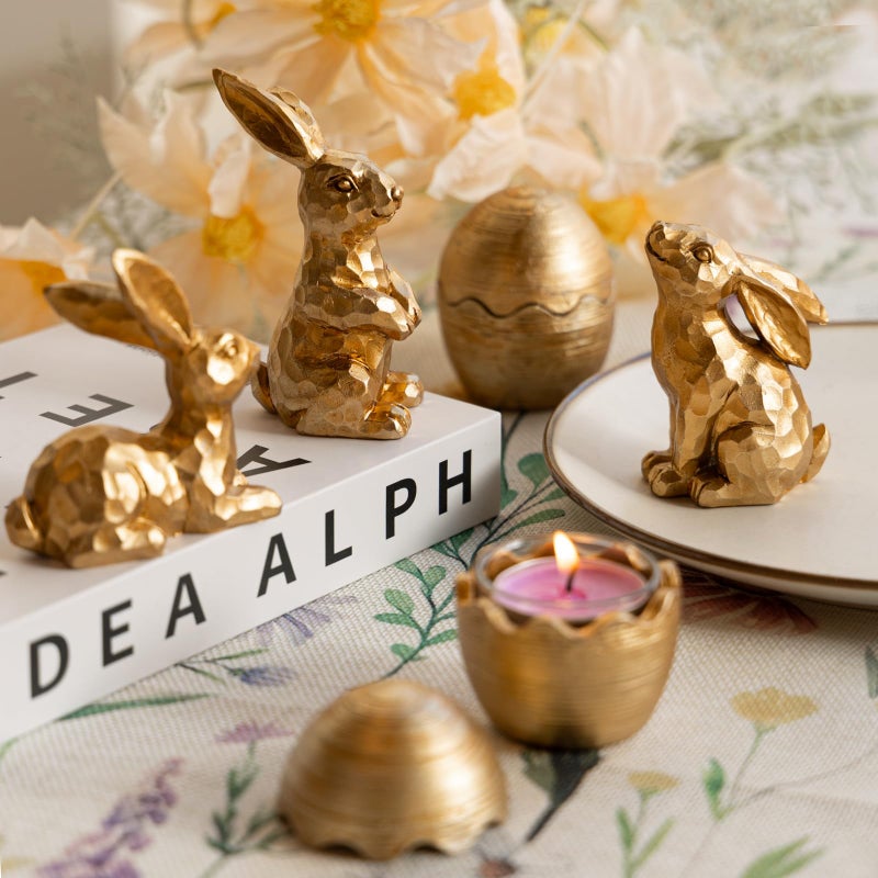 Gleemoria Easter Decorations for Home-3pcs Gold Bunny Figurines & 2pcs Easter Eggs & 2pcs Tealights, Brass Rabbit Decor for Spring Home Decor, Vintage Resin Bunnies for Table Centerpieces Mantel Decorations - Image 2