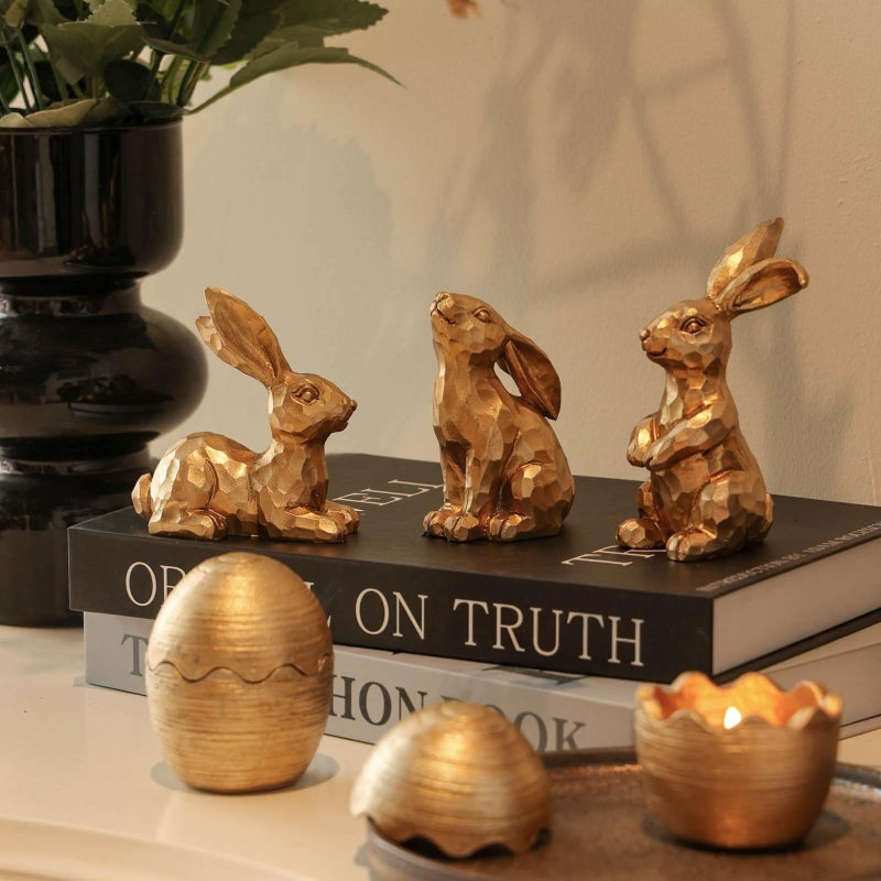 Gleemoria Easter Decorations for Home-3pcs Gold Bunny Figurines & 2pcs Easter Eggs & 2pcs Tealights, Brass Rabbit Decor for Spring Home Decor, Vintage Resin Bunnies for Table Centerpieces Mantel Decorations - Image 3