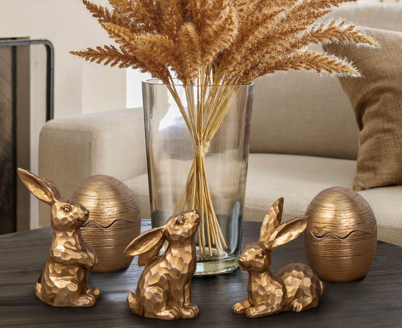 Gleemoria Easter Decorations for Home-3pcs Gold Bunny Figurines & 2pcs Easter Eggs & 2pcs Tealights, Brass Rabbit Decor for Spring Home Decor, Vintage Resin Bunnies for Table Centerpieces Mantel Decorations - Image 5